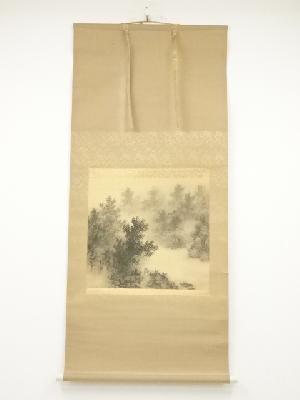 梅伯筆　山水　肉筆絹本掛軸（箱付）